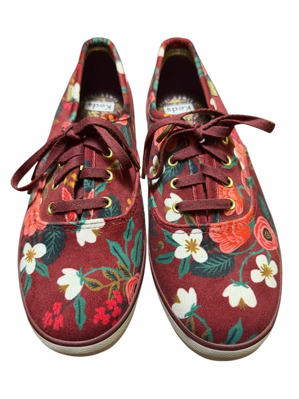 NEW Anthro Keds x Rifle Paper Co Velvet Burgundy Vintage Blossoms Sneakers 7.5